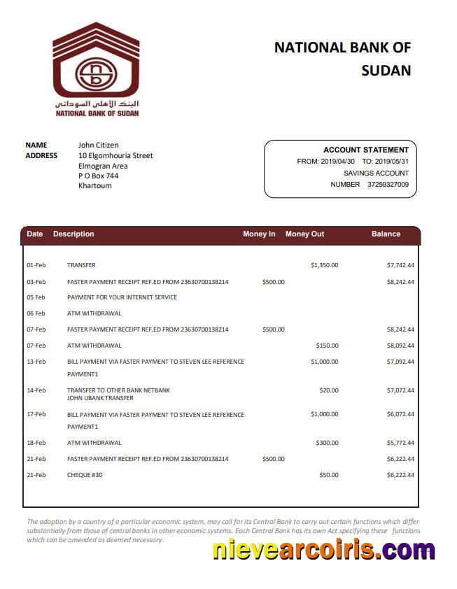 Sudan National Bank of Sudan bank statement in Word and PDF format